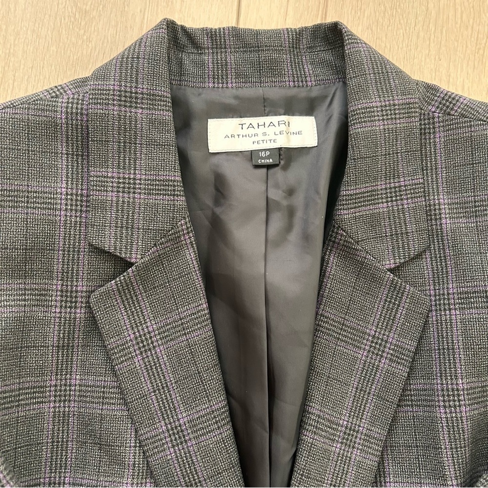 Tahari Gray Pink Plaid One Button Pocket Blazer Elbow Patch Levine 16 Petite - Picture 6 of 9
